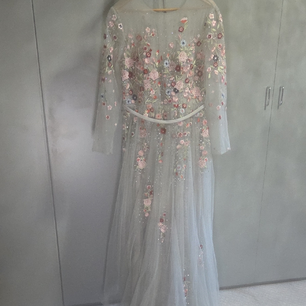 Mac Duggal Floral Embroidered Maxi Dress - Gray and Pink